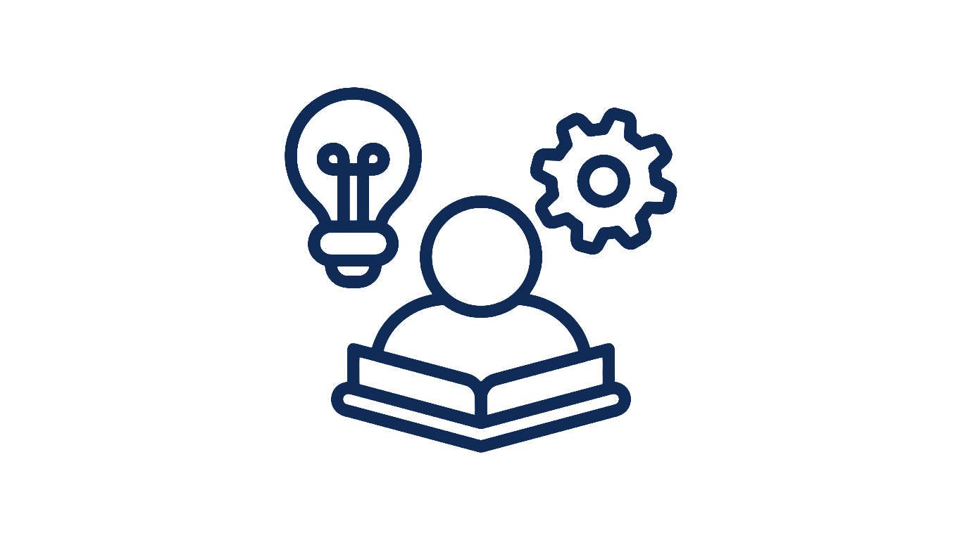 Line drawing of a person with an open book, a lightbulb symbol, and a gear symbol floating around their head.