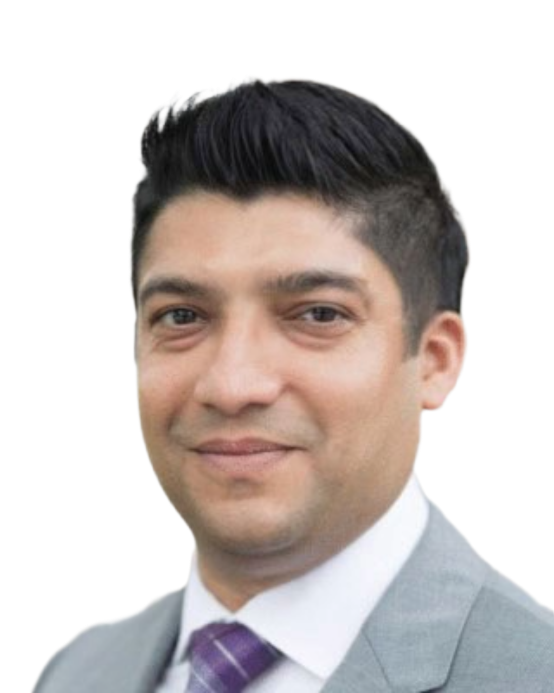 A professional headshot of a man with dark, styled hair, wearing a gray suit, white shirt, and purple striped tie.