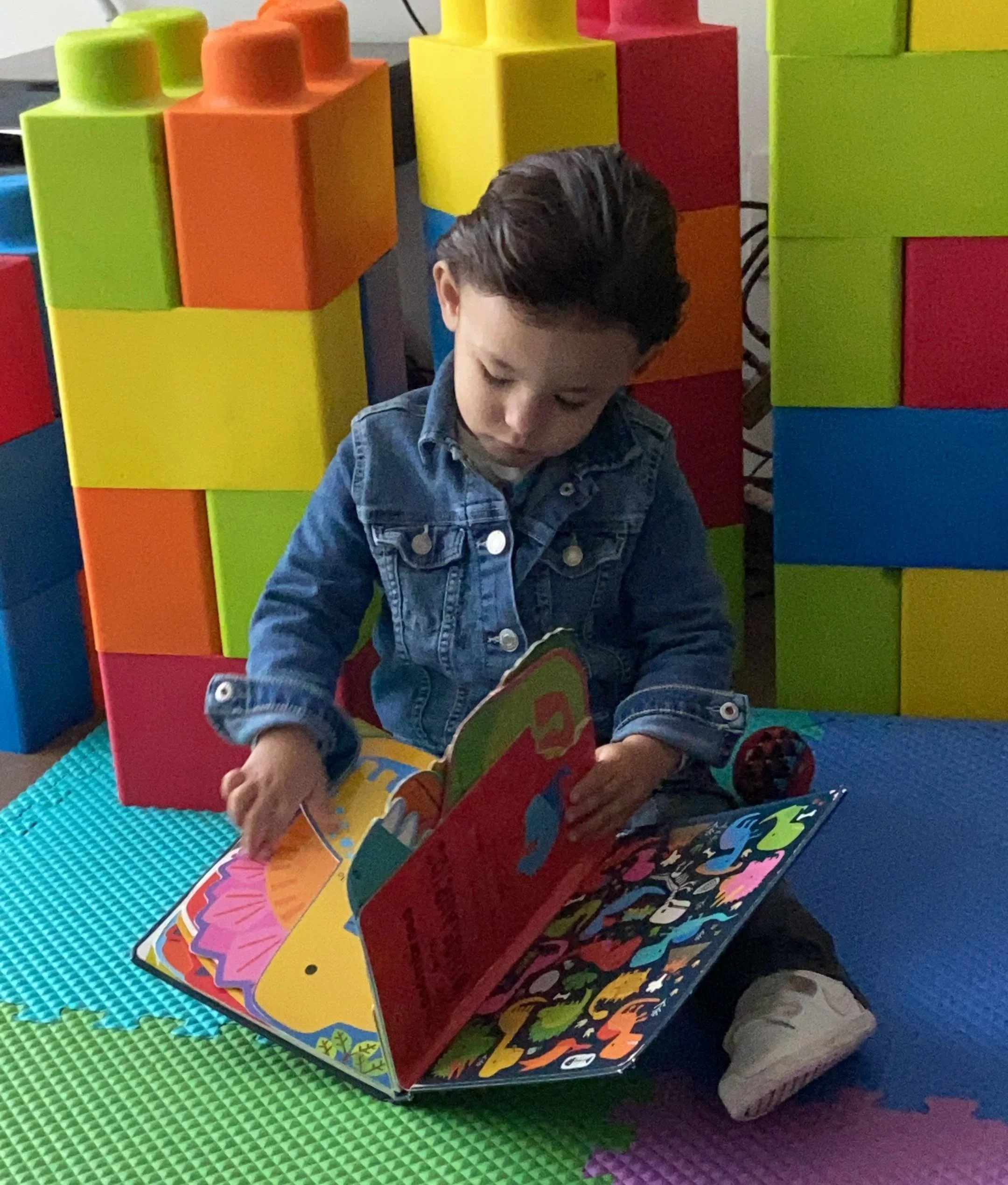 Un niño pequeño leyendo un libro en un área de juegos con bloques de colores grandes en el fondo.