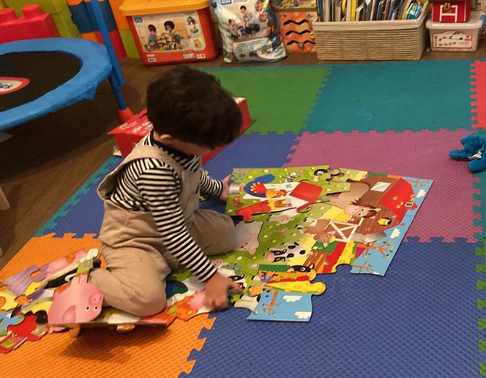 Niño sentado en un tapete de espuma armando un rompecabezas con temática de granja, rodeado de juguetes y libros en una habitación infantil.
