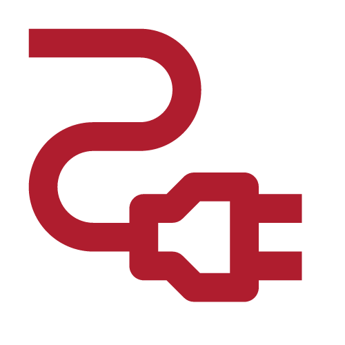 Graphical icon of a red electrical cord with a two-prong plug on a black background.