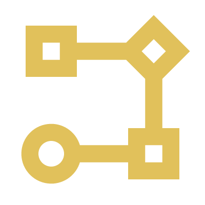 A stylized yellow maze or pathway with four square and one circular endpoint on a black background.