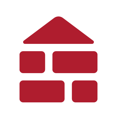 A red icon of a house built with bricks and a triangular roof.