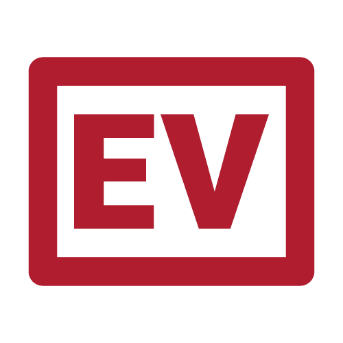 EV battery charging sign with a red border and black letters inside a red square.
