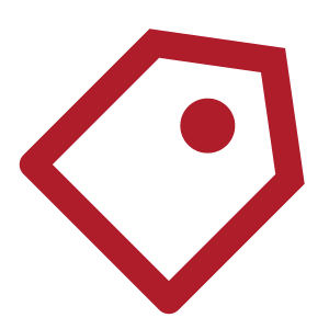 A red and black illustration of a price tag with a hole at the top.