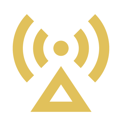 Gold signal tower icon with radio waves on a black background.