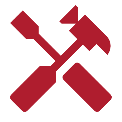 Two red crossed hammer icons on a black background.