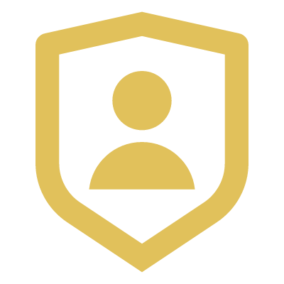 Golden shield with a person icon in the center, symbolizing security or protection.