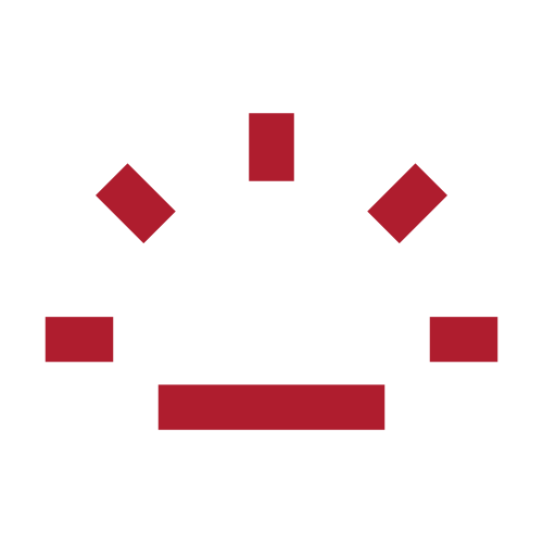 A digital illustration of a sad face emoticon with downturned eyebrows and a frowning mouth, made of red geometric shapes on a black background.