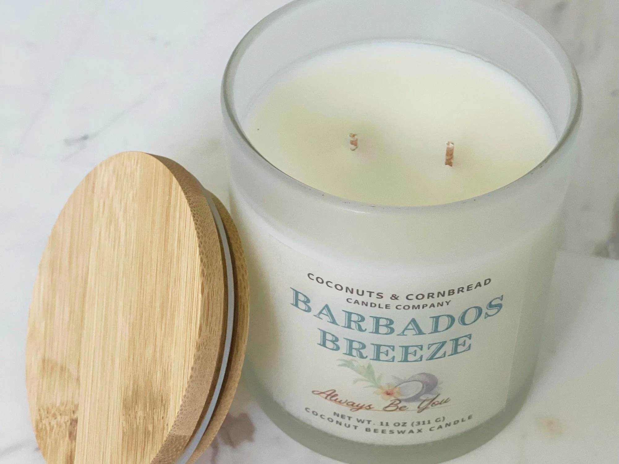 Barbados Breeze Coconut Beeswax Candle 2 wicks lid off