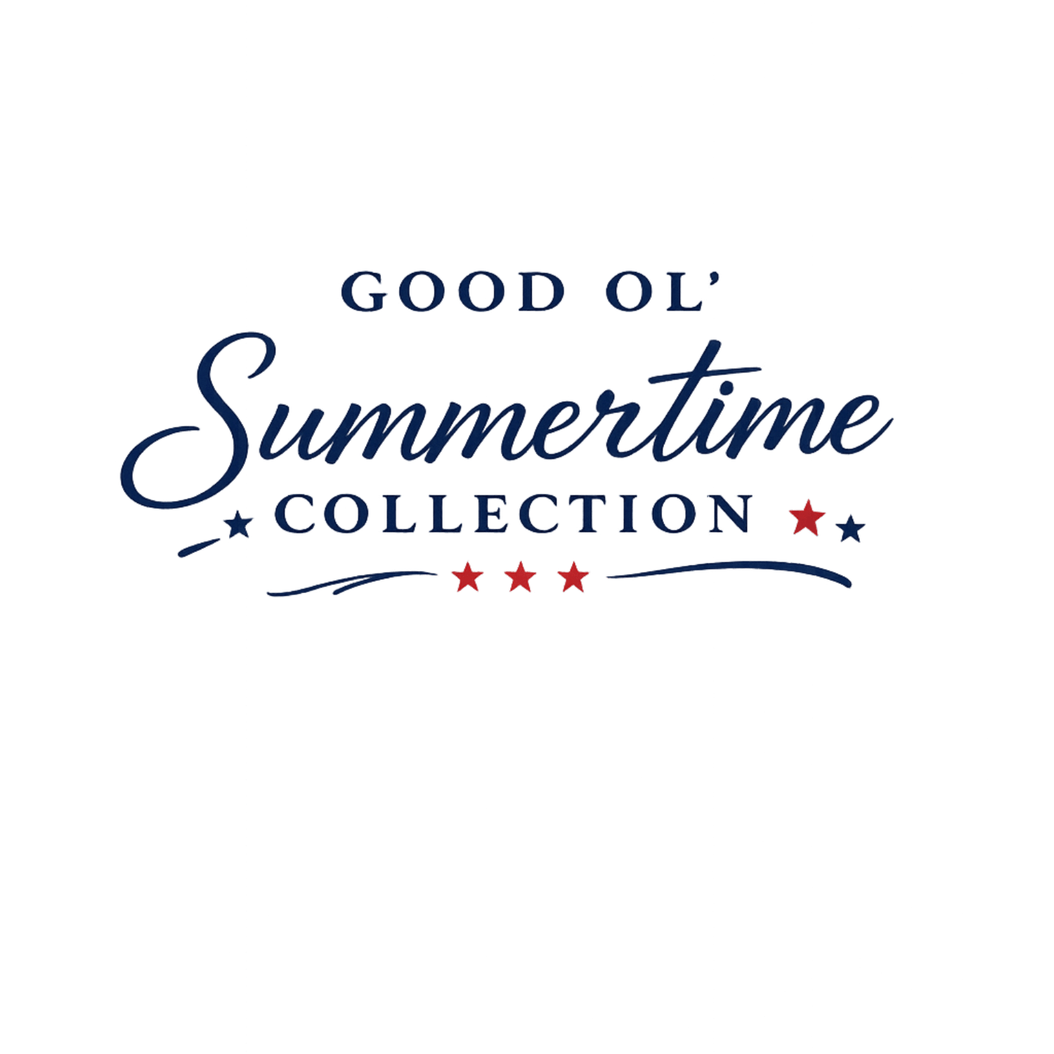 Text reads 'Good ol' Summertime Collection' with stars and decorative lines, in a patriotic red, white, and blue theme. Coconuts and Cornbread Candle Co celebrating America's 250th birthday.