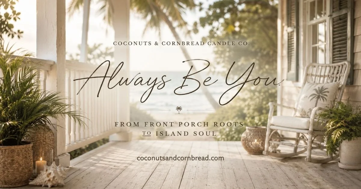 On a cozy porch with white railings, potted plants, a shell, and a rocking chair with a palm tree pillow, sunlight filters through the trees in the background. The image features text promoting Coconuts & Cornbread Candle Company. Always Be You.