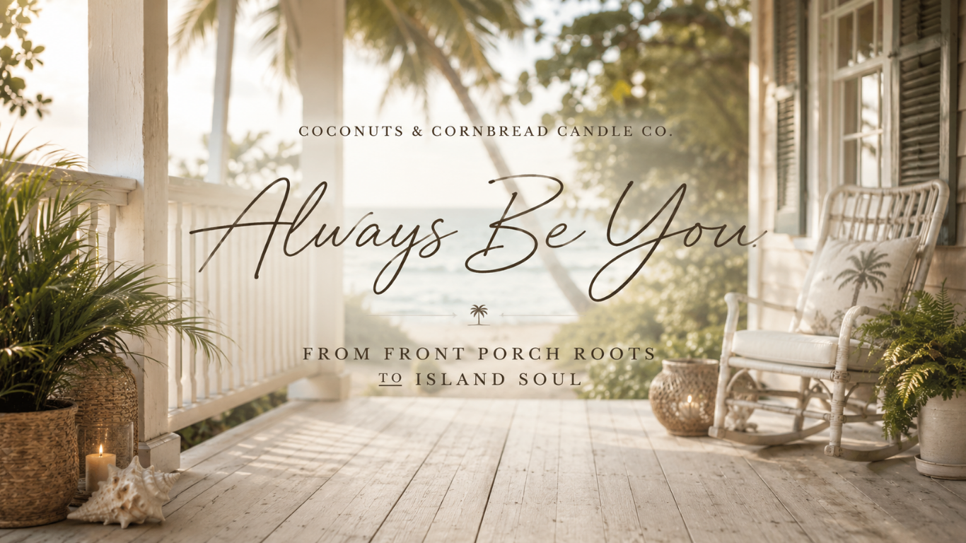 Cozy tropical beach porch with soft golden light, palm trees, and coastal charm featuring “Always Be You” and “From Front Porch Roots to Island Soul” by Coconuts & Cornbread Candle Co.
