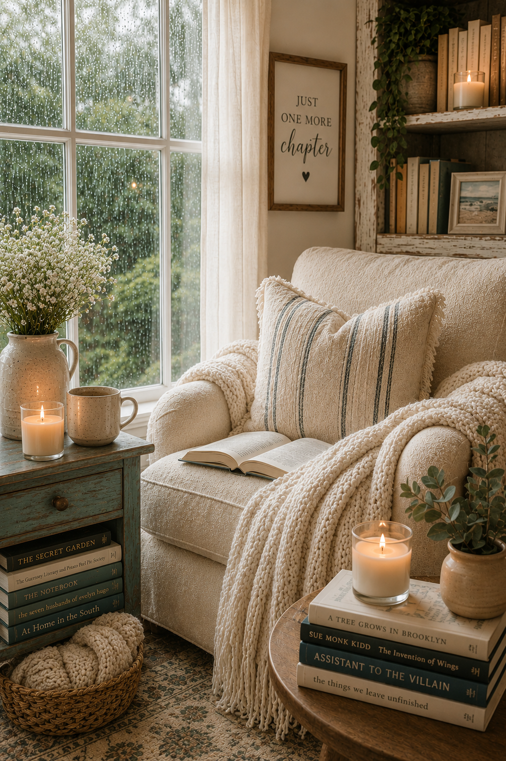 Cozy reading nook with a big oversized cream colored chair, pillow, a window with rain trickling down, candles, books and a cup of coffee