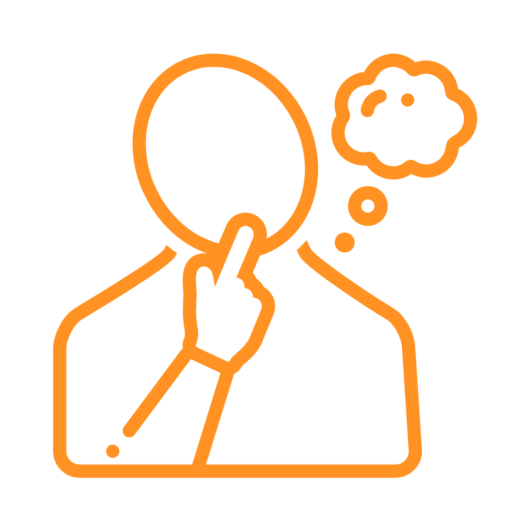 An orange outline icon of a person with their finger on their lips and a thought bubble, indicating thinking or pondering.