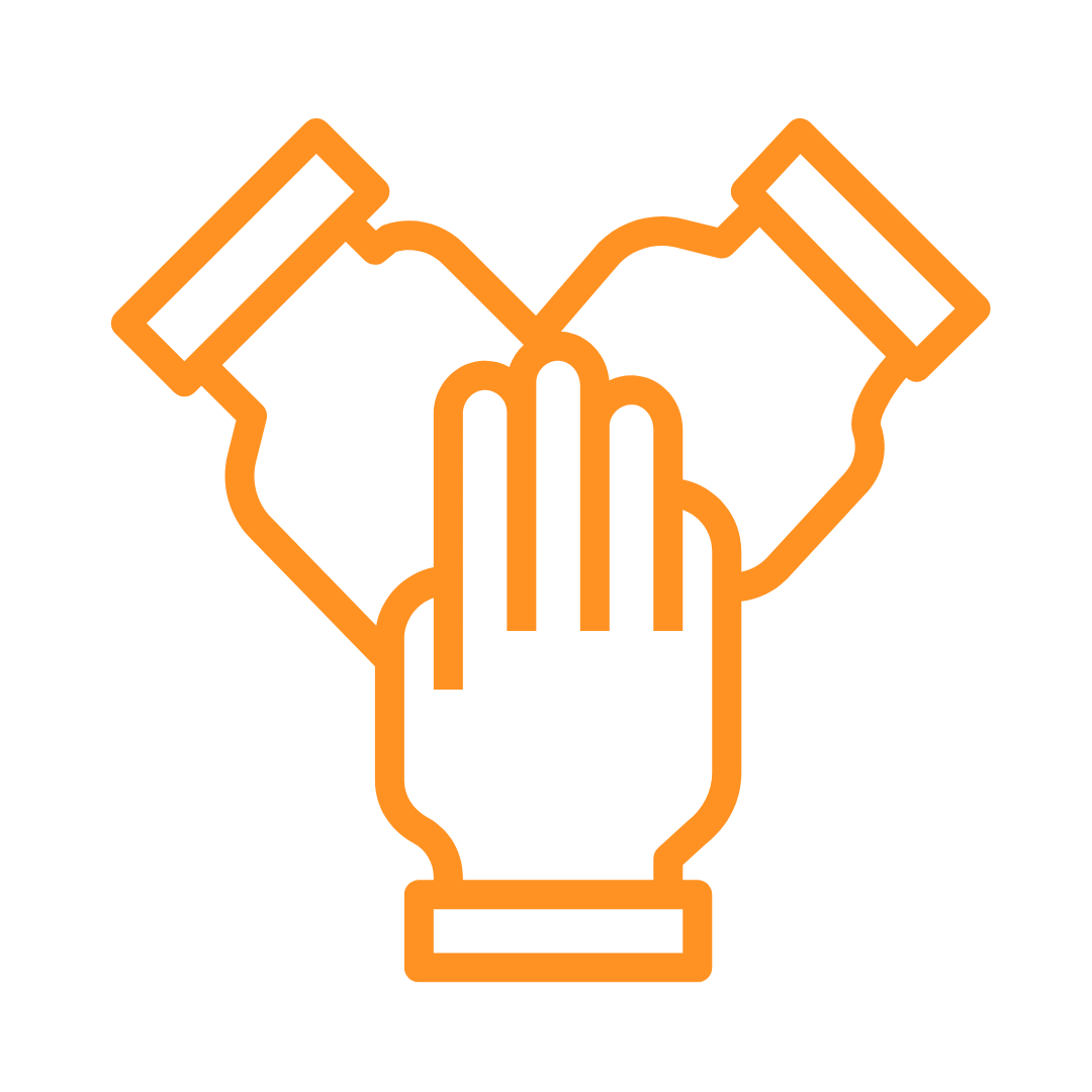 Outline of three hands giving a high five, depicted in orange on a black background.