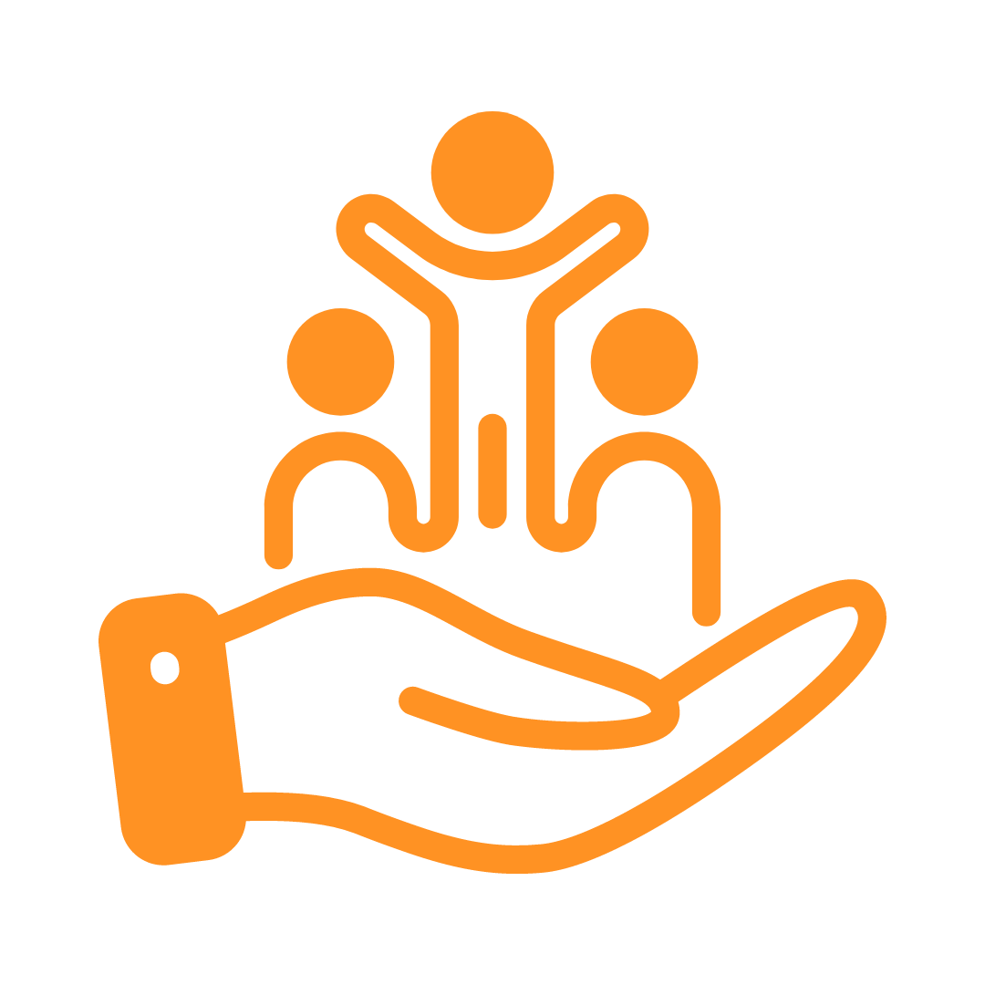 An orange icon of a hand holding three people, symbolizing support or community.