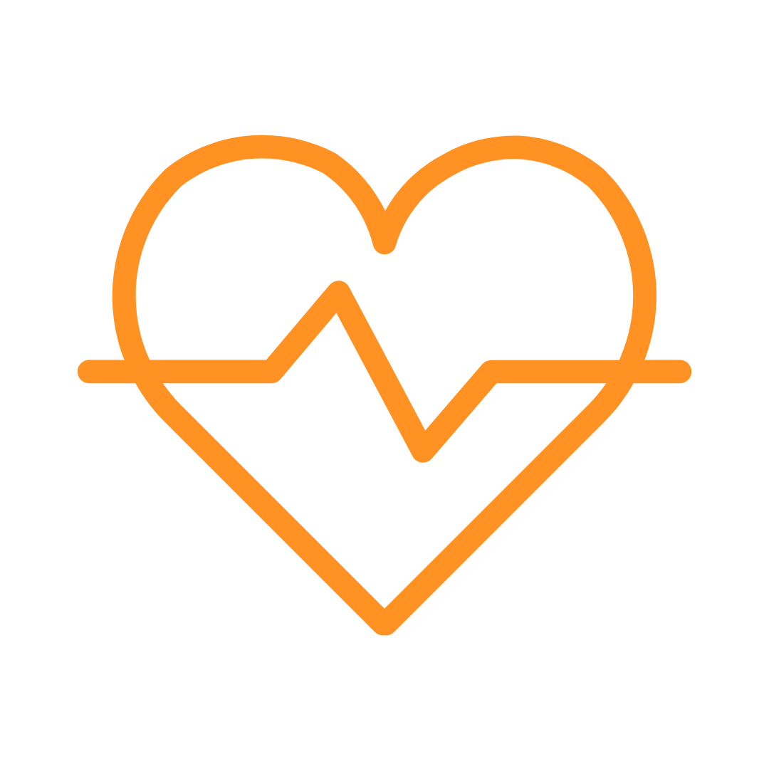 An orange heart with an integrated electrocardiogram line on a black background, symbolizing heart health or cardiovascular monitoring.