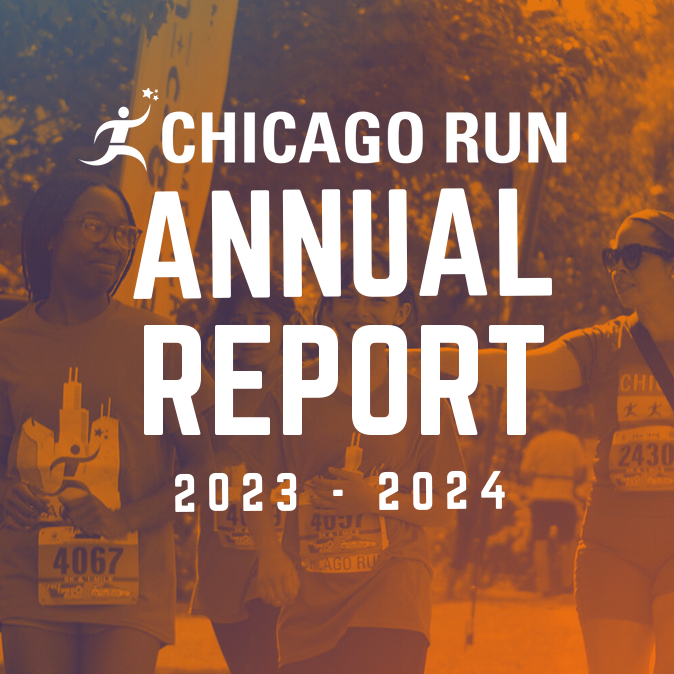Cover of the Chicago Run annual report for 2023-2024 showing diverse runners in athletic gear and race numbers, with fall foliage in the background.