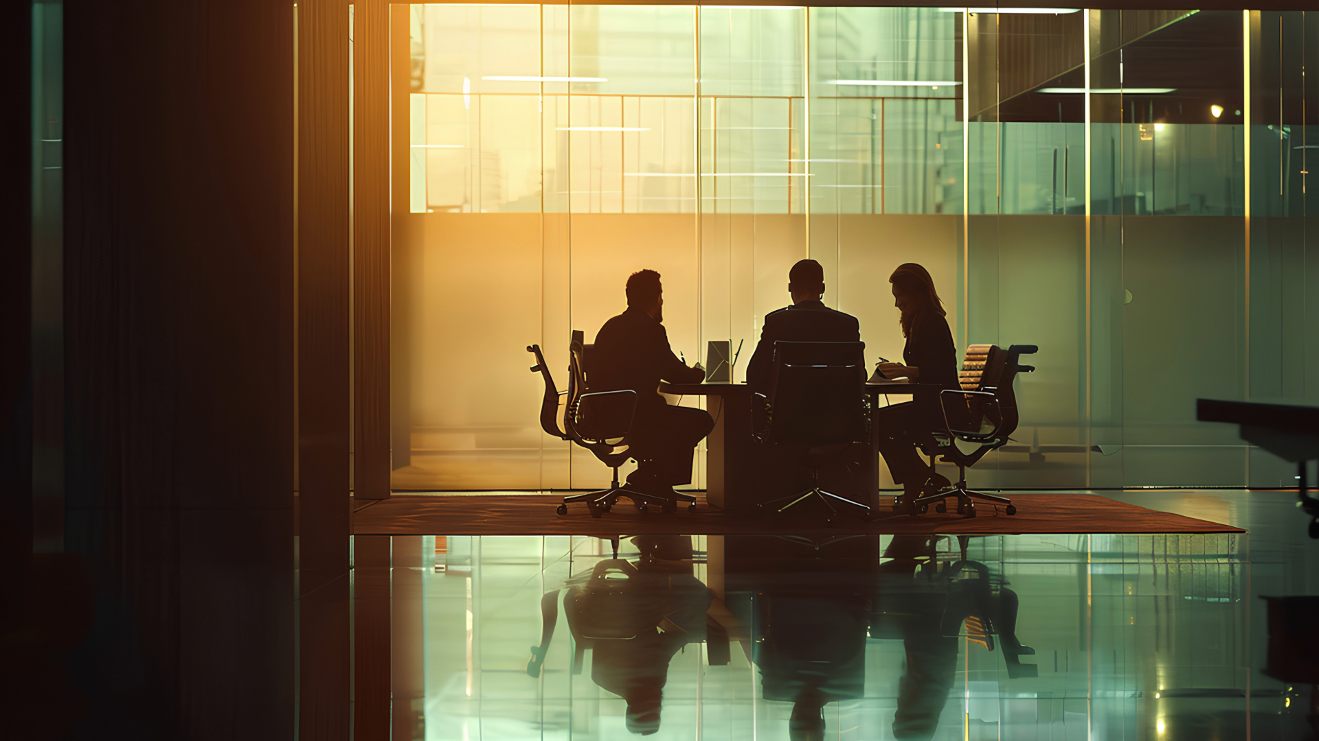 Silhouettes of three people sitting at a table in a modern office with glass walls, reflected on the shiny floor, with sunlight streaming in.