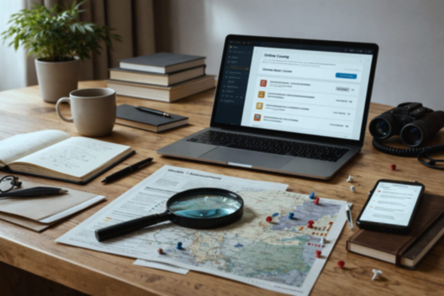 A cluttered wooden desk with a laptop displaying an online course, notebooks, a magnifying glass over a map with push pins, a smartphone, binoculars, coffee mug, potted plant, pens, and papers.