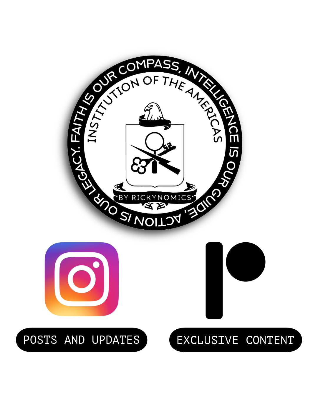 Black circular emblem with a bald eagle perched on top of a shield. Inside the shield are a magnifying glass, a key, a bow and arrow, and a four-leaf clover. Surrounding the emblem is text that reads, "INSTITUTION OF THE AMERICAS" and "OUR LEGACY. FAITH IS OUR COMPASS, INTELLIGENCE IS OUR GUIDE. ACTION IS OUR FUTURE." Below the emblem is the Instagram logo.