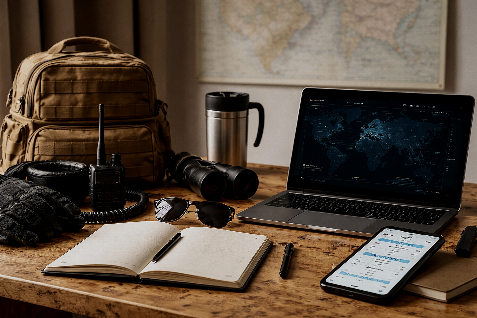 Travel gear on a wooden desk including a brown backpack, binoculars, walkie-talkie, headphones, notebook with pen, sunglasses, a thermos, and a laptop displaying a world map, with a smartphone showing a messaging app.