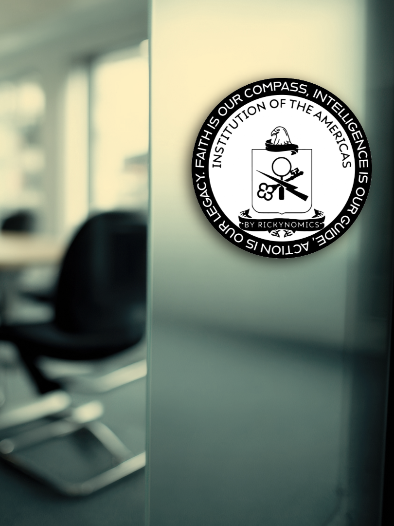 A round sticker on a glass door or partition with the words "Faith is our compass. Intelligence is our guide. Actions our legacy. Faith is our compass. Institutional of the Americas" around the perimeter, and a logo depicting a bird, a sword, and a key in the center.