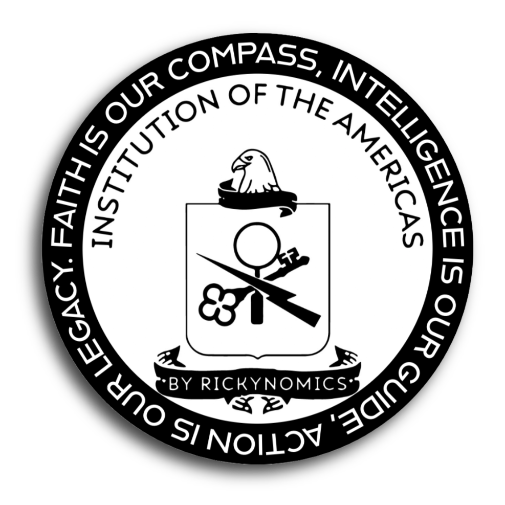 A circular emblem with a white background and black border. Inside is a shield with various symbols including a key, musical note, and arrow. Around the shield, the text reads: 'Our legacy, faith is our compass, intelligence is our guide. Act on it, act out your faith.' At the top of the emblem, a snake and an eagle are depicted, and a ribbon below states: 'by rickynomics.'