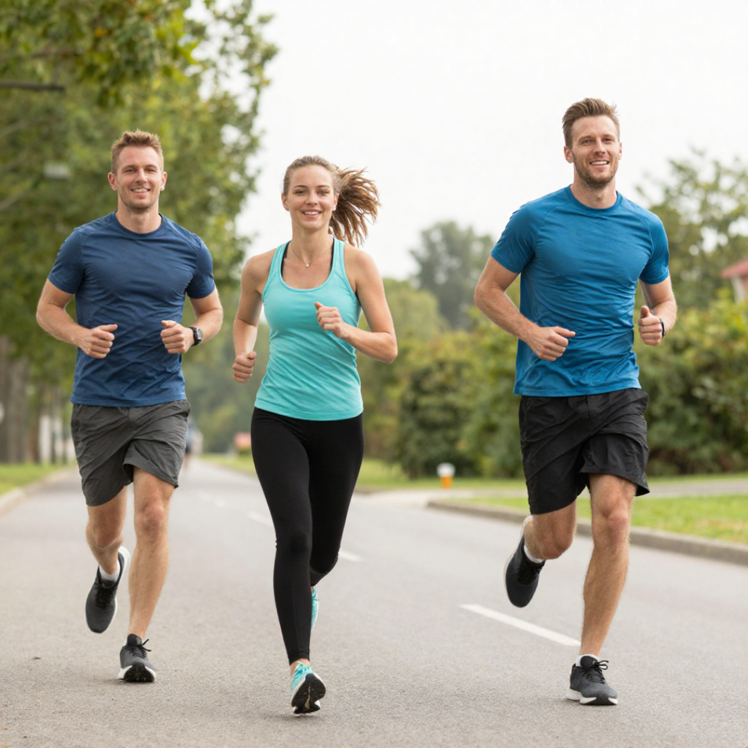 Three people running outdoors on a paved road with trees and greenery in the background.