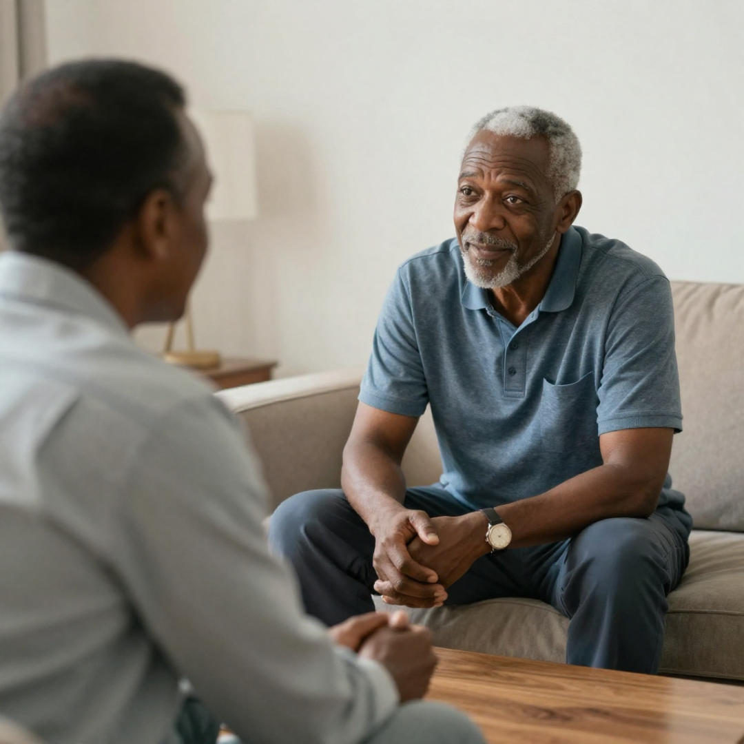 An older man with gray hair and beard, wearing a blue polo shirt, sitting on a couch. He is engaging in a conversation with a younger man, who is partially visible and dressed in light clothing, in a warmly lit room.