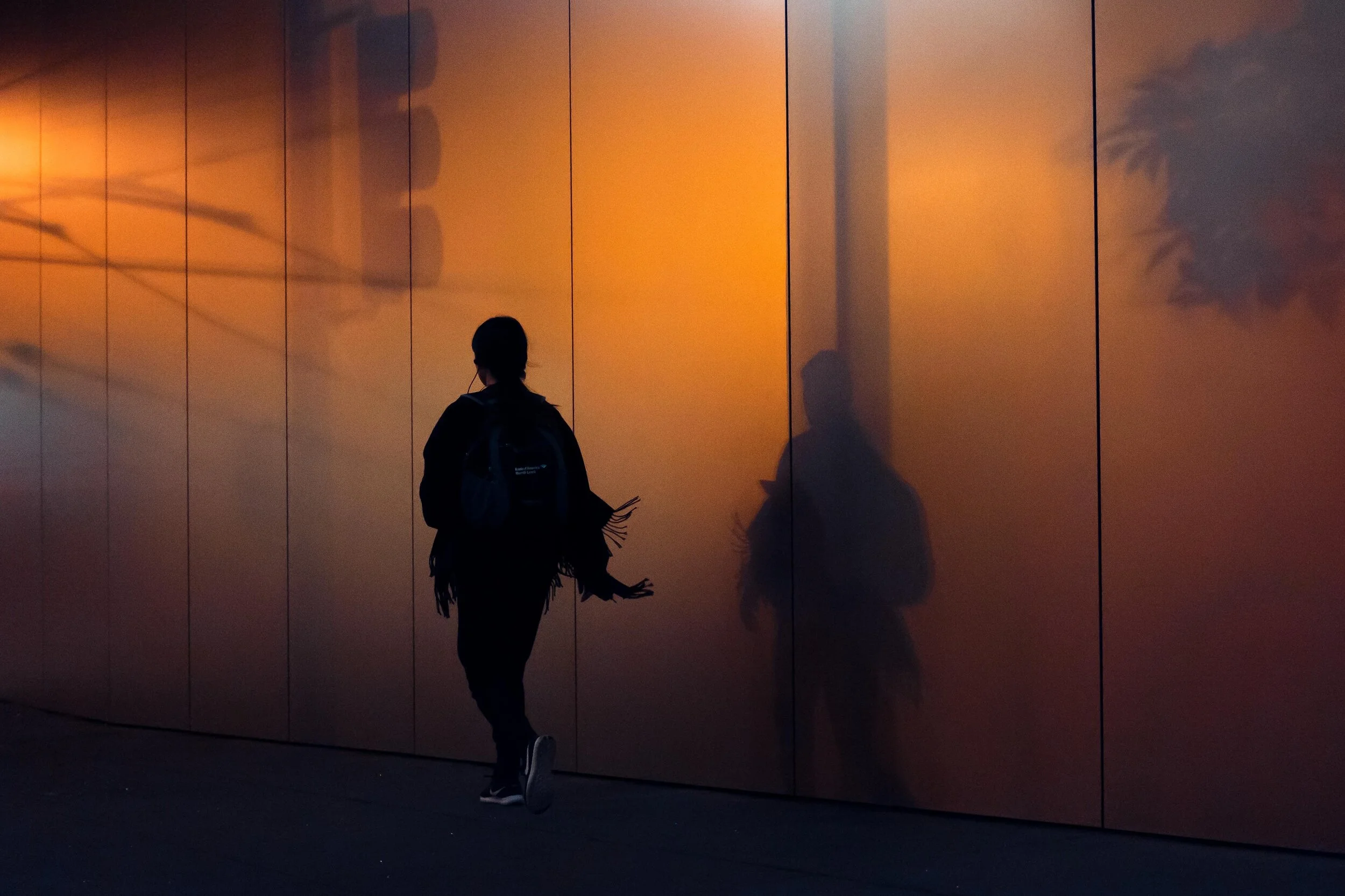 A photo of a person walking against a metal wall as the sunlight casts a shadow of them on the wall.