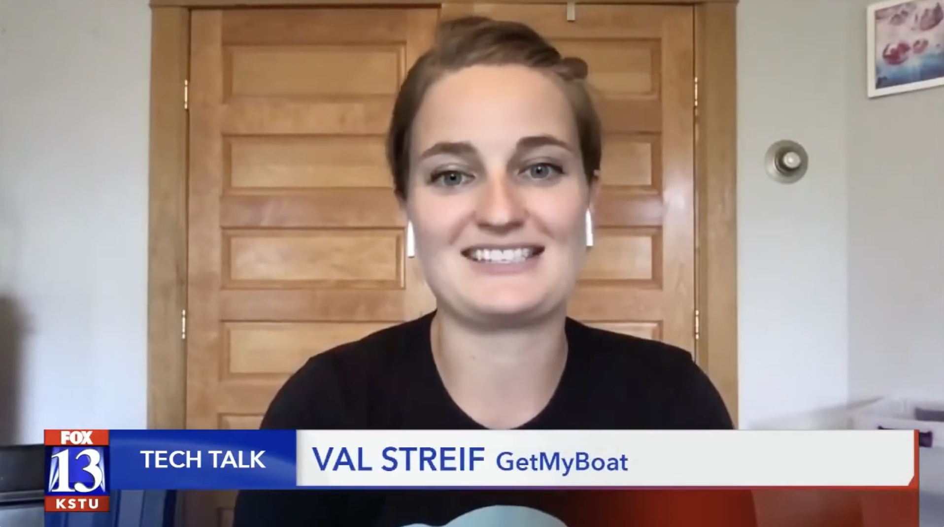 A woman speaking during a TV interview, with the lower third graphic showing her name as Val Streif and her affiliation with GetMyBoat. The broadcast is on Fox 13 KSTU and the segment is titled 'Tech Talk'.