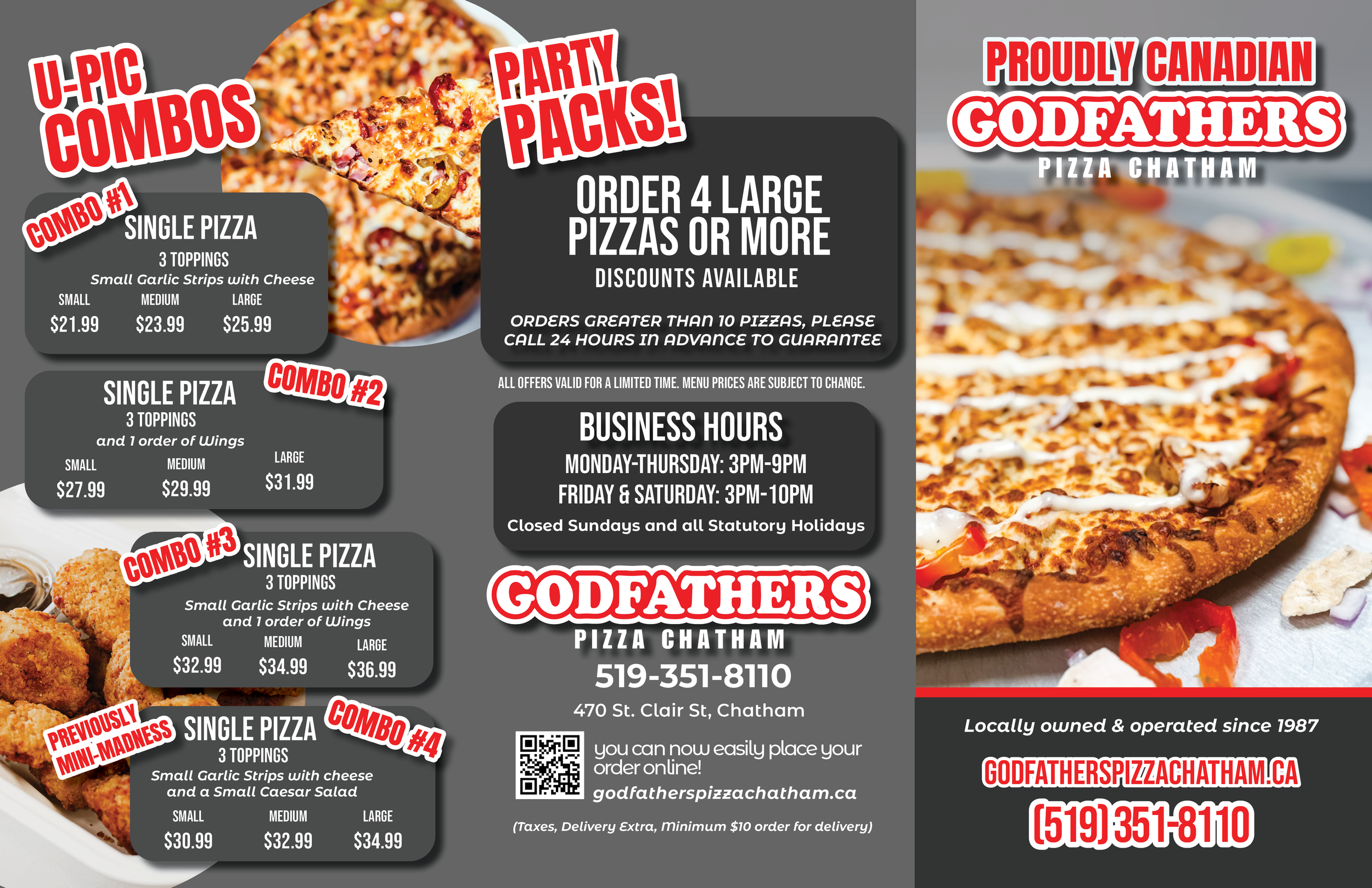 A menu flyer for Godfathers Pizza Chatham features pizza combos, special offers for ordering four or more large pizzas, and business hours. The flyer has a large photo of a pepperoni pizza on the right and smaller photos of wings and fried chicken on the left. The text highlights various pizza combos with prices and toppings, contact information, and a QR code for online ordering. The restaurant is family-owned since 1987, located at 470 St. Clair St., Chatham, with a phone number of 519-351-8110.