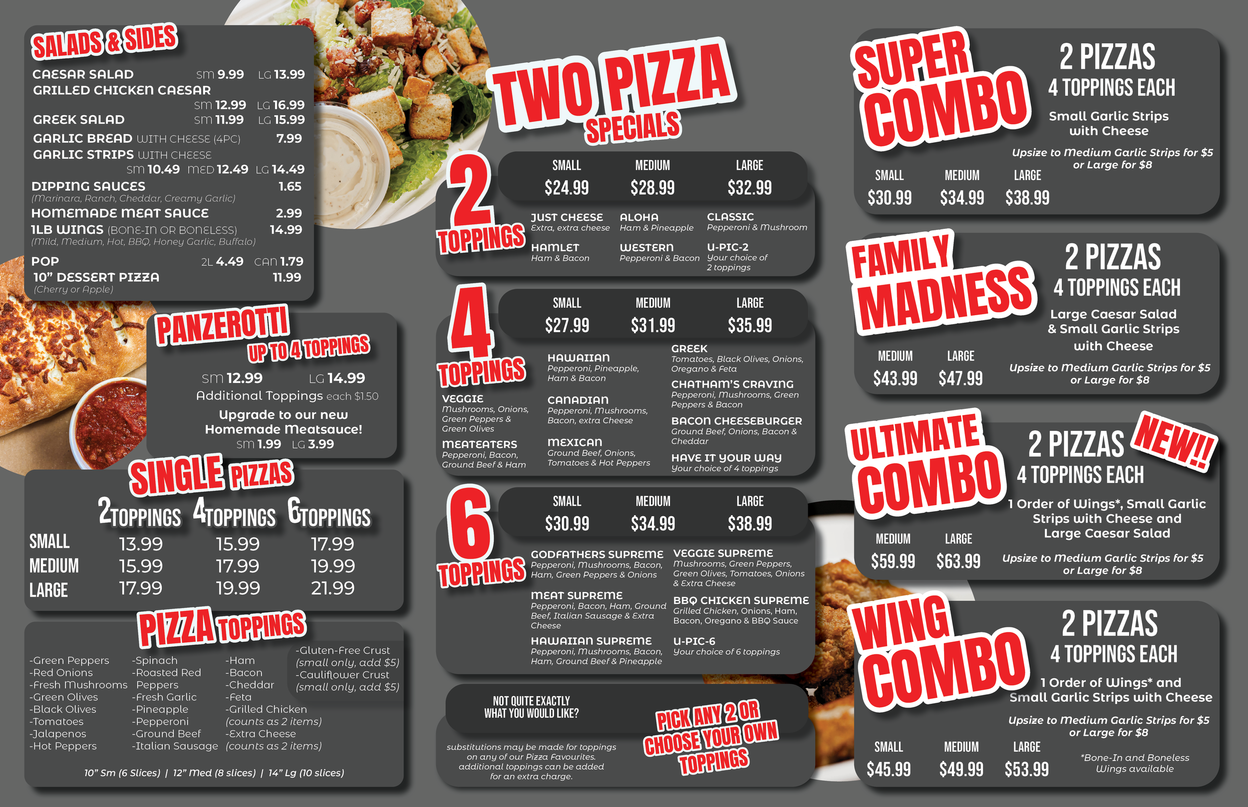 Menu featuring various pizza options including two-pizza specials, family madness, ultimate combo, wing combo, and individual pizzas with various toppings. Also offers salads, sides, and garlic bread.