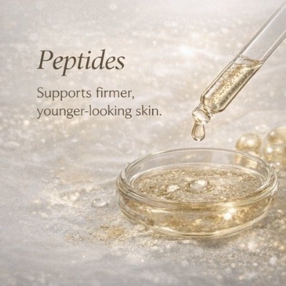 A laboratory dropper releasing a golden serum into a glass petri dish with a few pearls nearby. Text reads: 'Peptides Support firmer, younger-looking skin.'