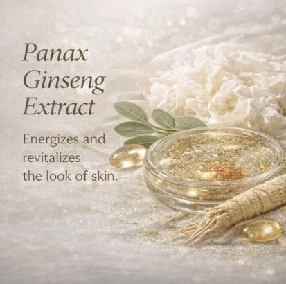 Panax ginseng extract with a flower, ginseng root, and gold capsules on a light, textured surface