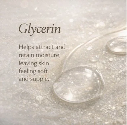 Close-up image of glycerin with a dropper, showing a glycerin droplet on a surface, conveying softness and moisture.