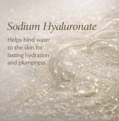 A label for Sodium Hyaluronate indicating it helps bind water to the skin for lasting hydration and plumpness, with a background of a close-up of a liquid or gel with bubbles.