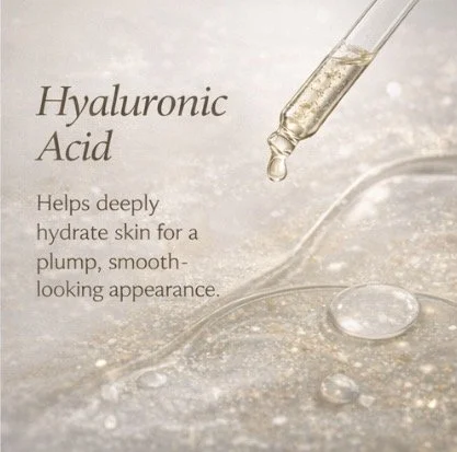 A dropper releasing a droplet of hyaluronic acid into a surface of water with text describing its benefits for skin hydration and appearance.
