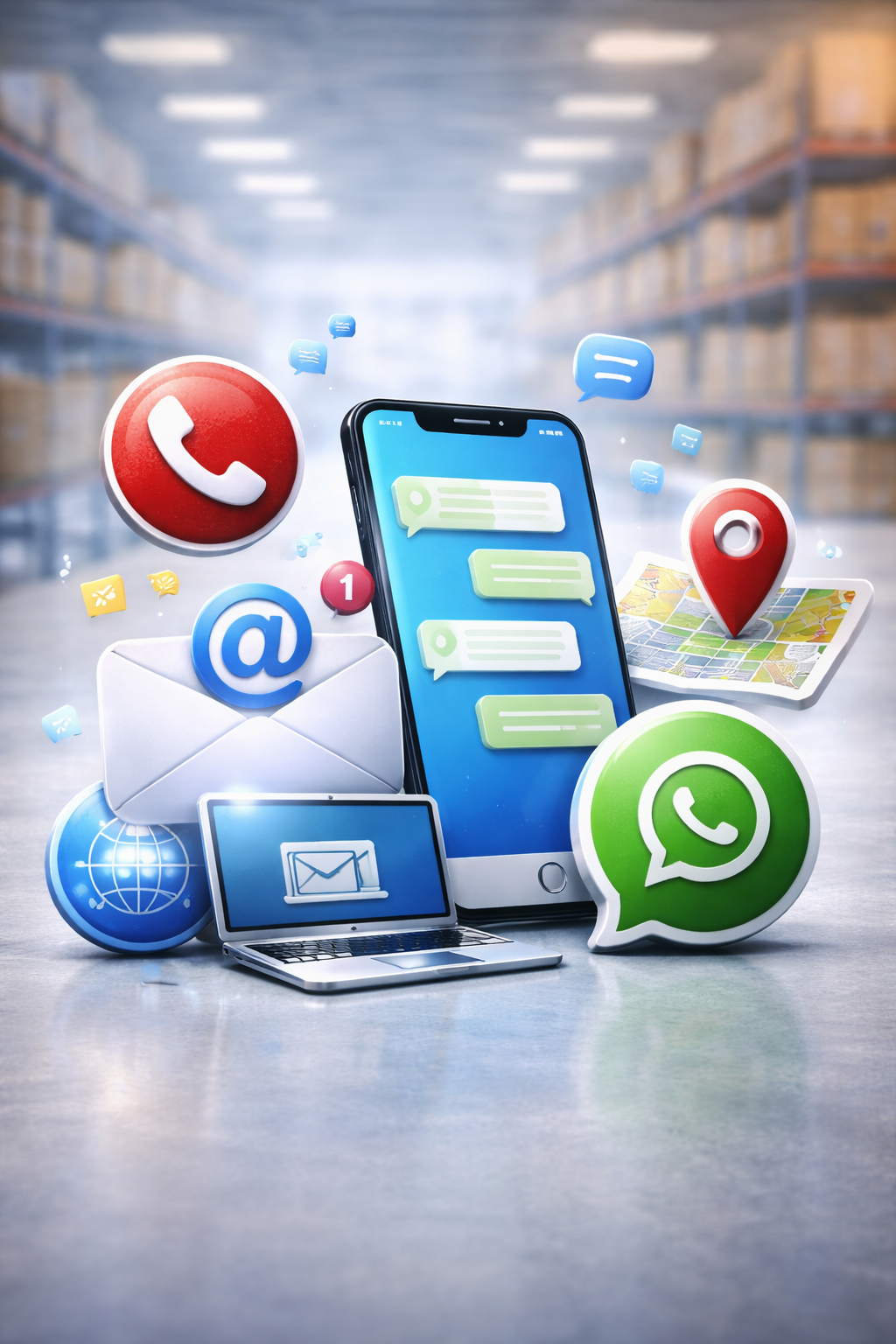Imagen que muestra un teléfono inteligente con mensajes, junto a iconos de aplicaciones de comunicación como WhatsApp, correo electrónico, llamadas, localización y redes sociales, en un fondo de almacén con estanterías.