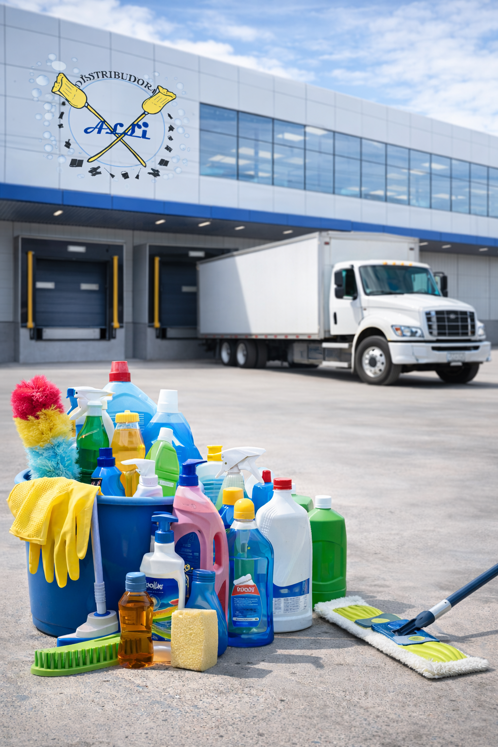 Productos de limpieza colocados en el suelo frente a un edificio de distribución con camión de carga y logo de ASC. El fondo muestra un edificio con varias puertas de carga y ventanas.