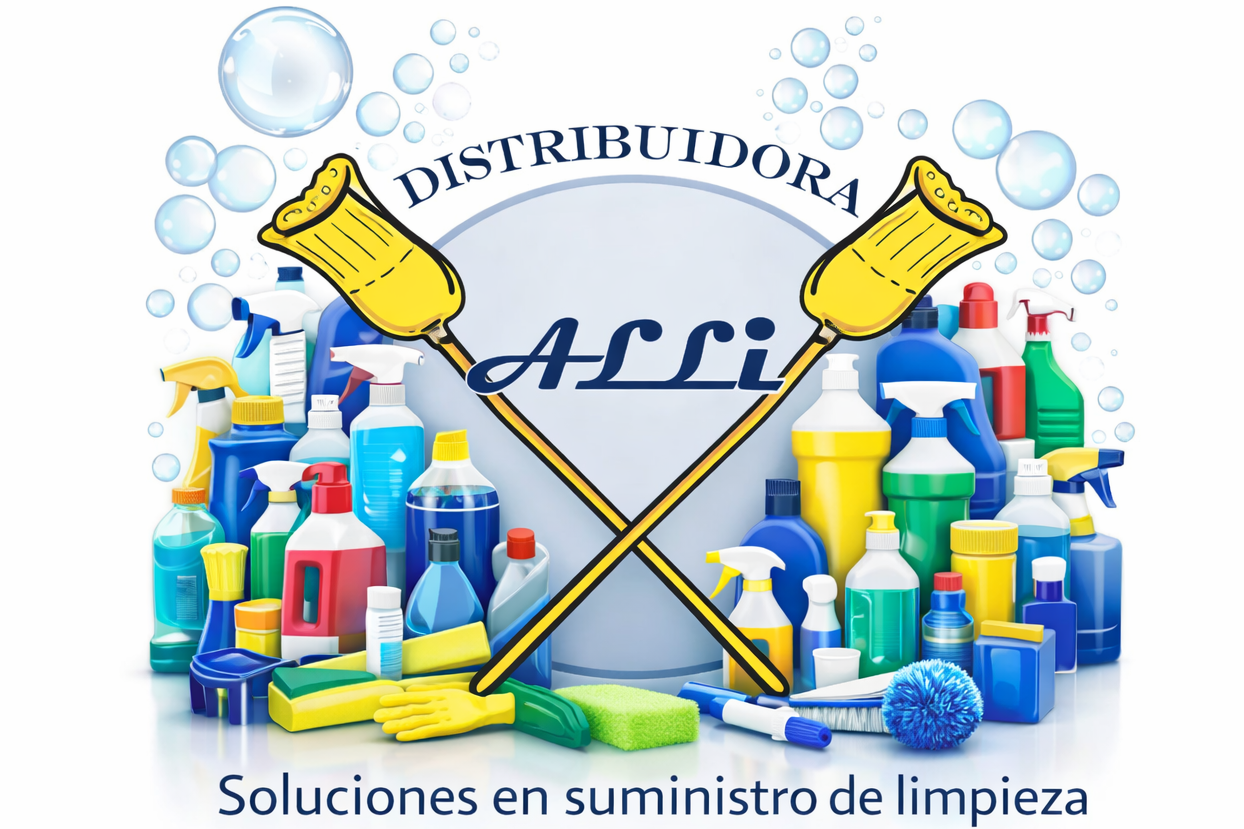 Variedad de productos de limpieza como botellas, spray, esponja, guantes y productos químicos, con logo y nombre de la distribuidora ALLI, en fondo con burbujas, y texto que dice 'Soluciones en suministro de limpieza'.