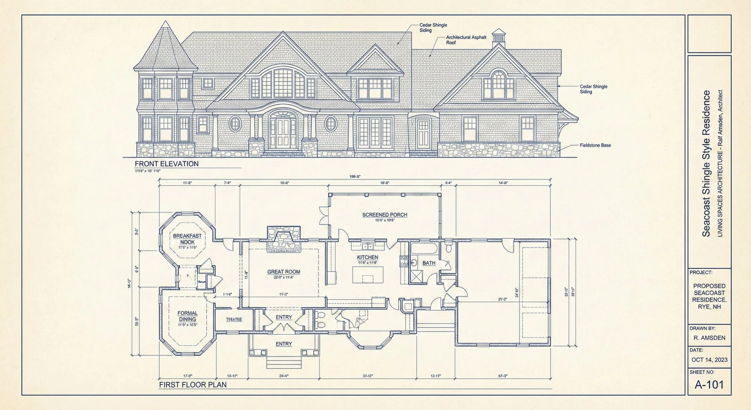 Blueprint of a residential house showing elevation and first floor plan, including rooms labeled as breakfast nook, formal dining, great room, kitchen, screened porch, bath, and entry, with detailed dimensions and architectural notes.