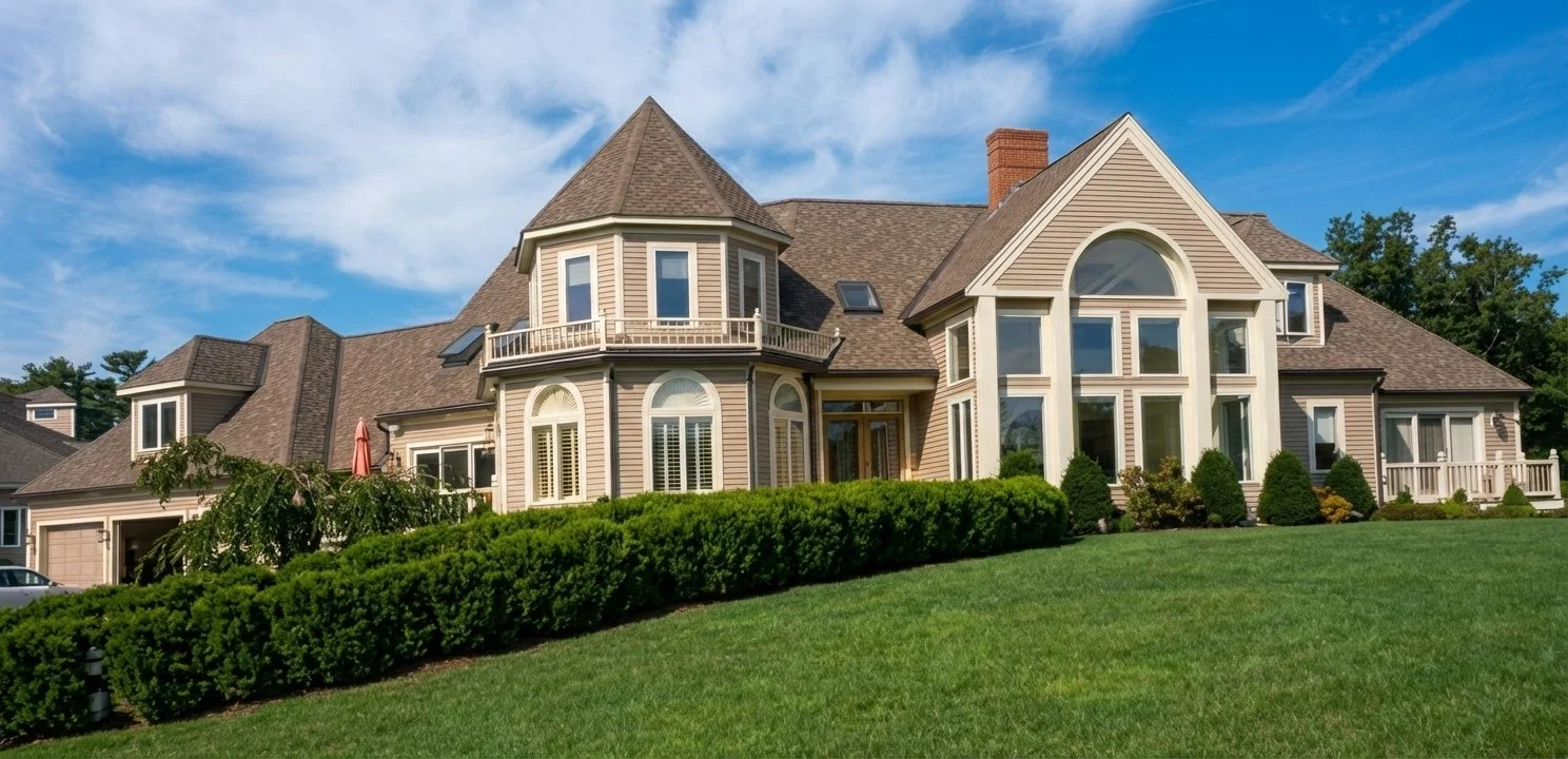 Large two-story house with beige siding and a brown shingled roof, surrounded by a green lawn and bushes, under a partly cloudy sky.