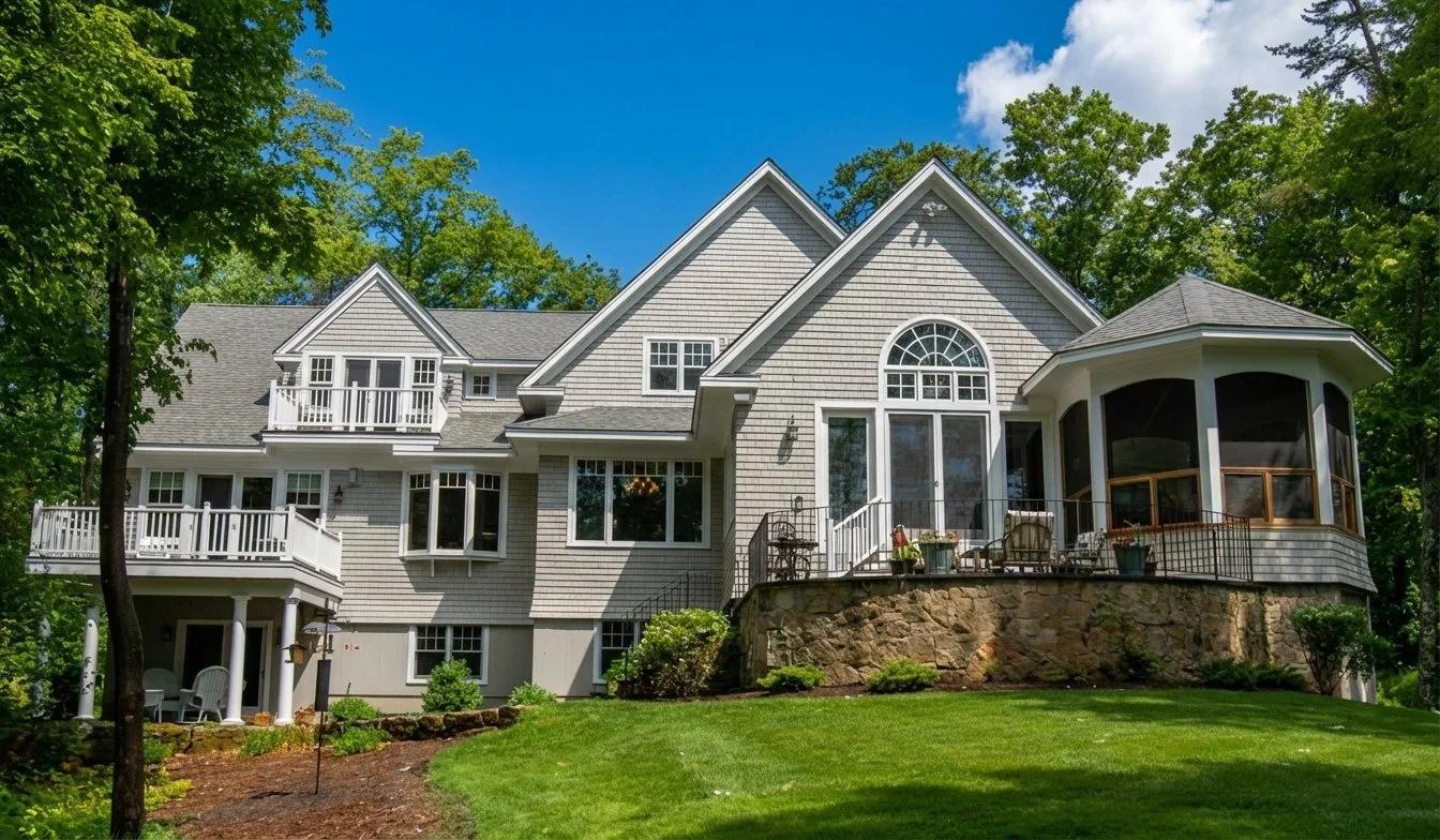 A large, multi-story house with gray siding, multiple gabled roofs, and several large windows, surrounded by green trees and a well-maintained lawn.