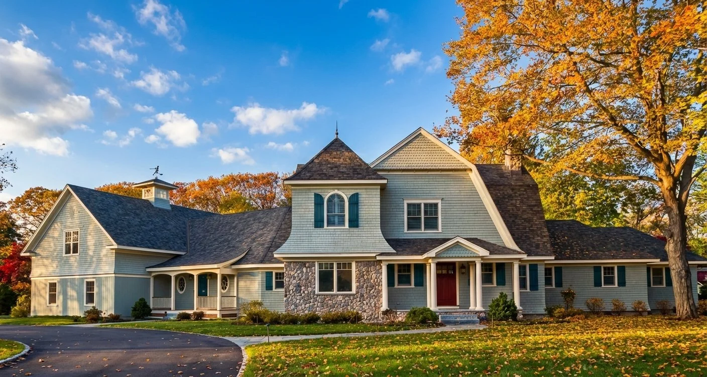 A large house with a blue exterior, stone accents, and a red front door, surrounded by autumn trees and fallen leaves under a partly cloudy sky.