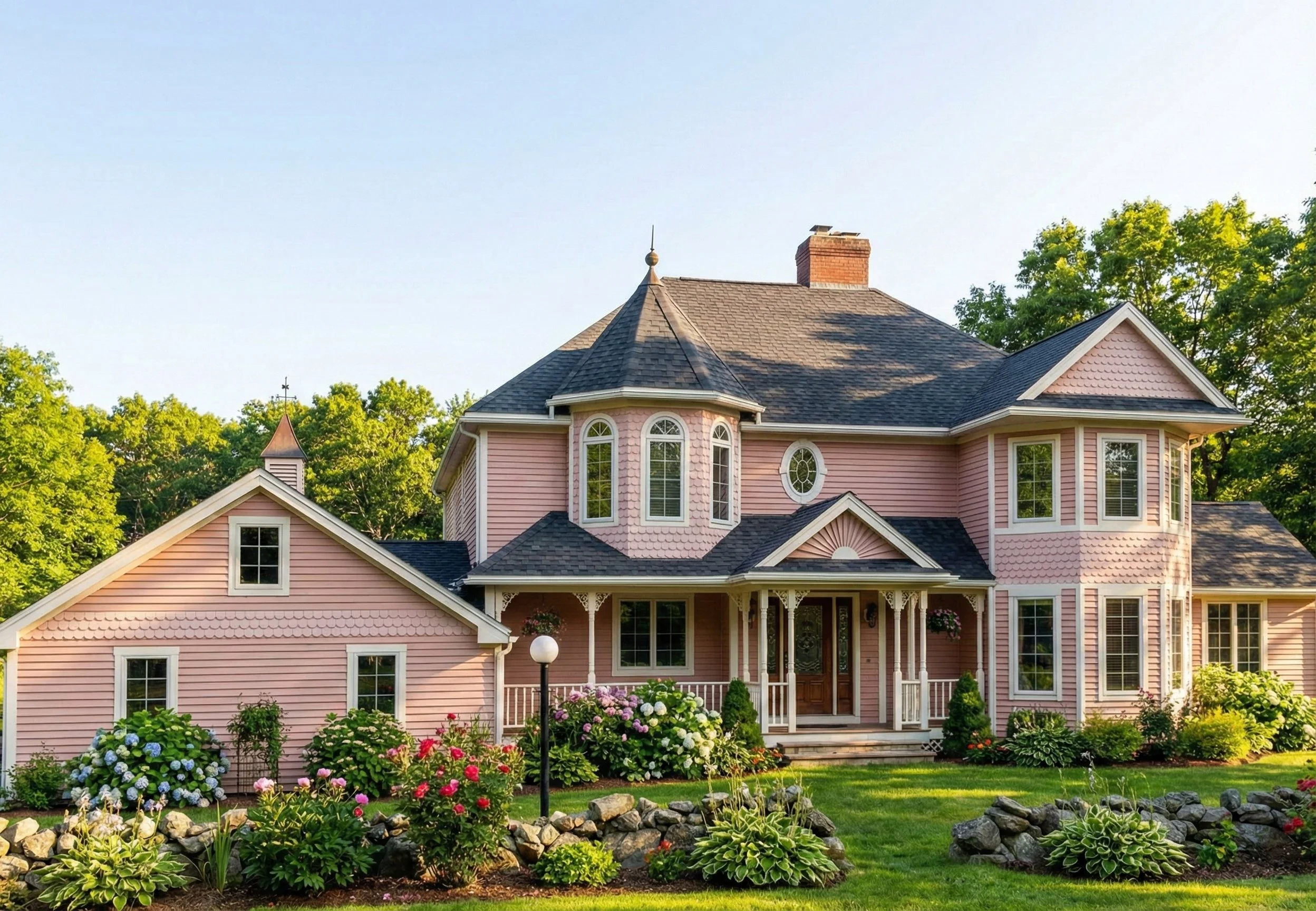 A large, pink Victorian house with a well-maintained garden and a stone-bordered flower bed in the front yard, surrounded by green trees.