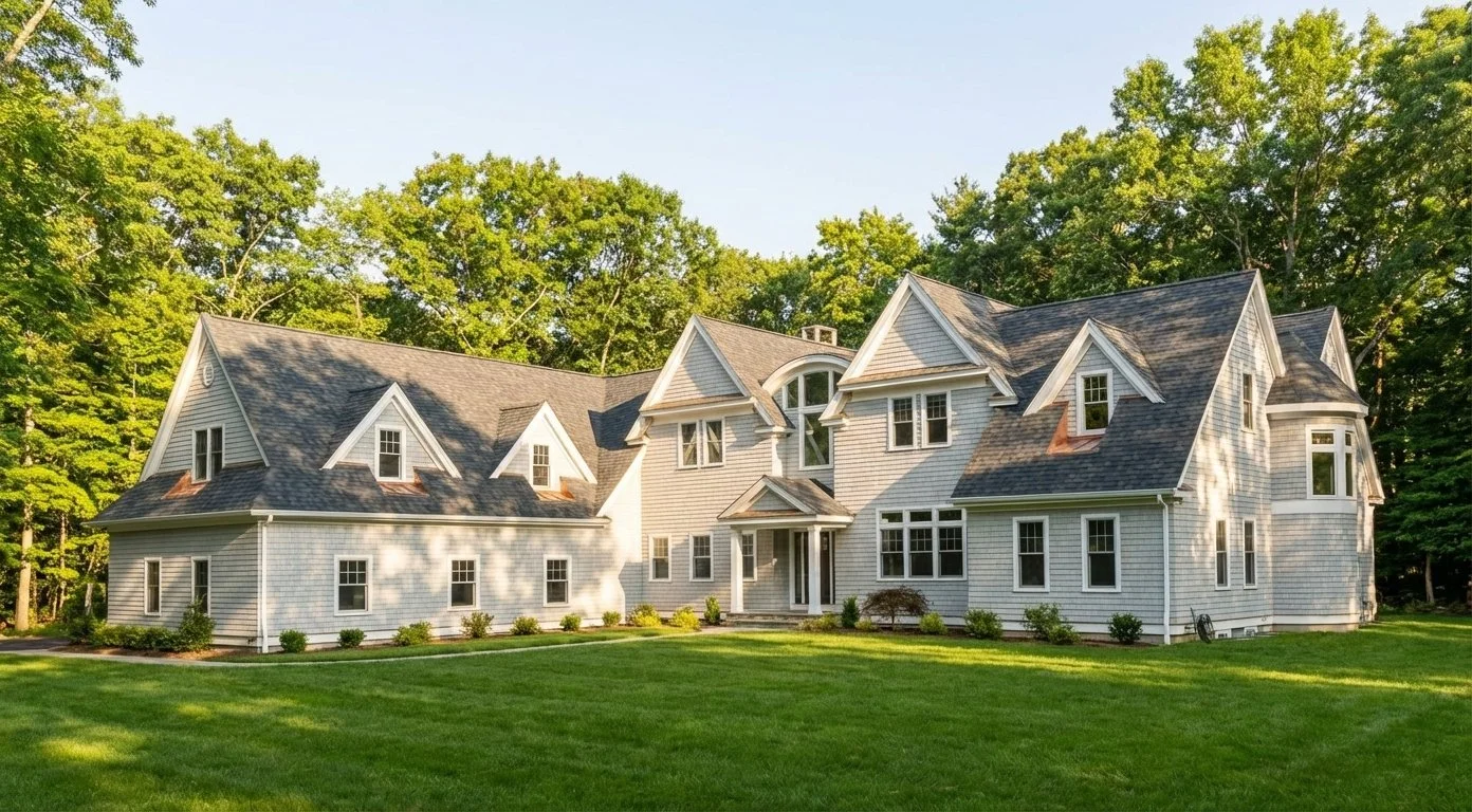 Large white house with multiple gabled roofs and surrounded by green lawn and trees.