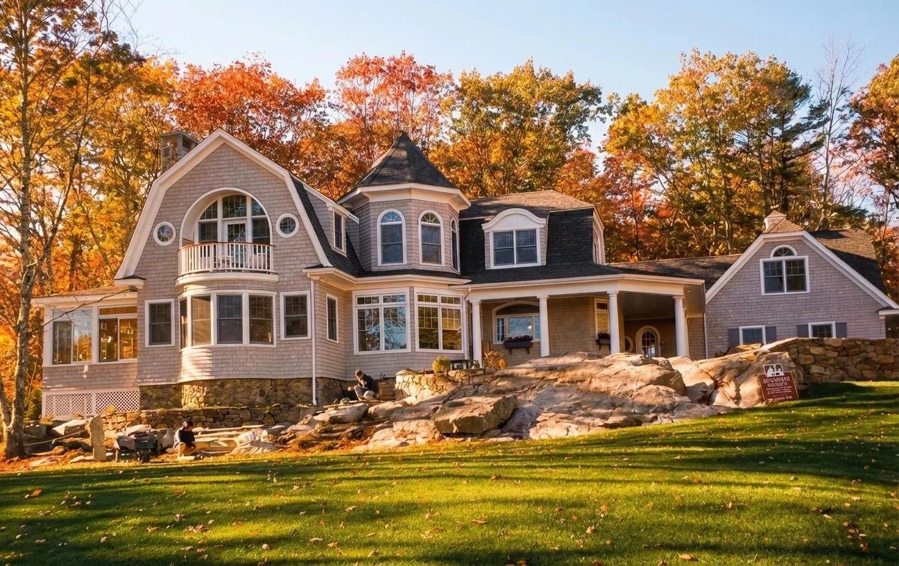 Large house with Victorian architecture, multiple gables, and a turret, set on a rocky terrain with a well-maintained lawn and surrounded by autumn trees.